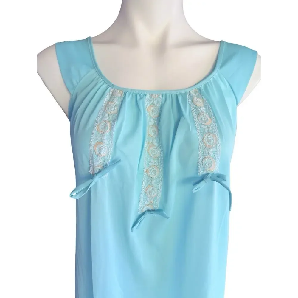 Berkliff Vintage NOS Nightgown Aqua Blue Nylon Lace Bow Maxi Small 32/34